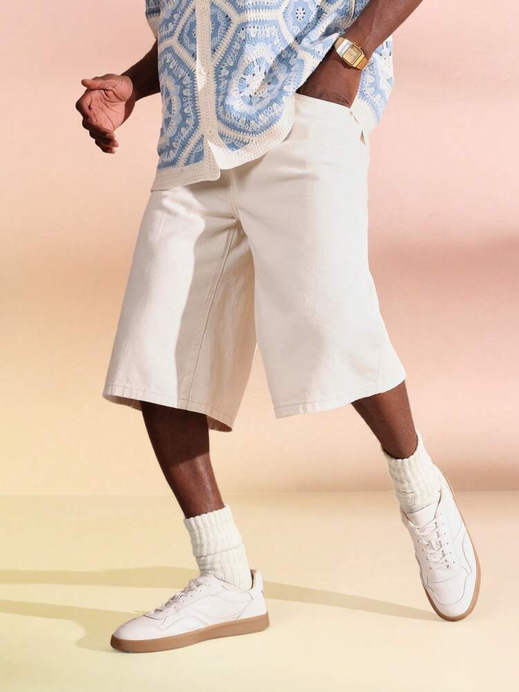 SUMWON Baggy Denim Jorts Knee Length Skater Style Shorts Unisex Streetwear With Side Pockets Loose Fit Summer Casual Everyday Comfort