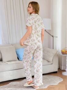 Dream Adore Conjunto de pijama con cardigan de manga corta de solapa con estampado floral y pantalones