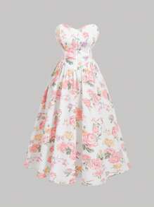 SHEIN MOD Vestido largo tipo tubo con estampado floral, vestido largo de estilo princesa para fiestas en tallas grandes - Multicolor - Ver 5