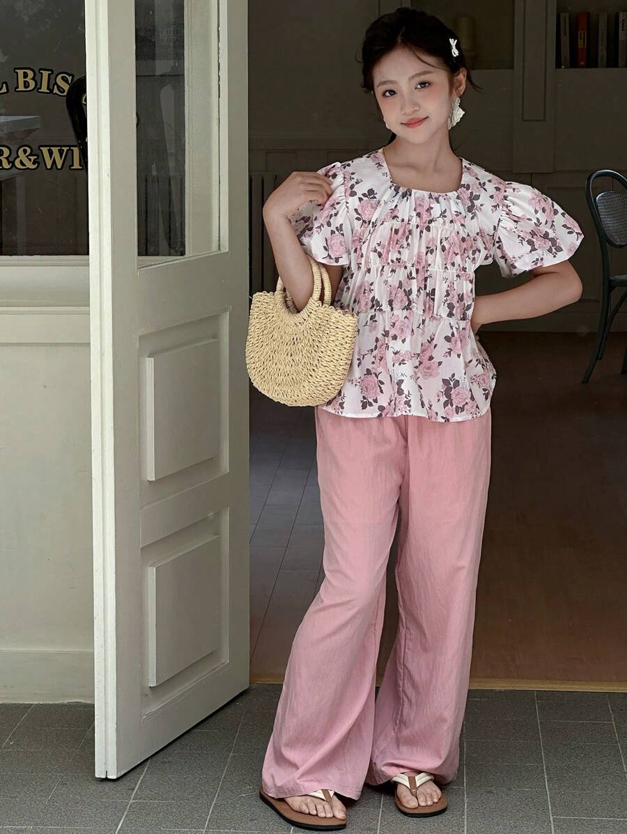 DAZY Tween Girls Floral Print Ruffle Top And Pants 2 Pieces Casual Set - Pink - View 1