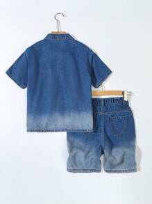 Tween Bos Denim Two Pieces Outfits Set - Medium Wash - View 5