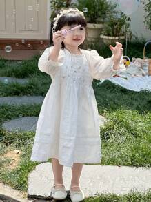 DAZY Baby Girls' Round Neck Embroidery Casual Cute Solid Color Puff Sleeve Dress Fall,Winter Toddler Girls Clothes - White - View 1