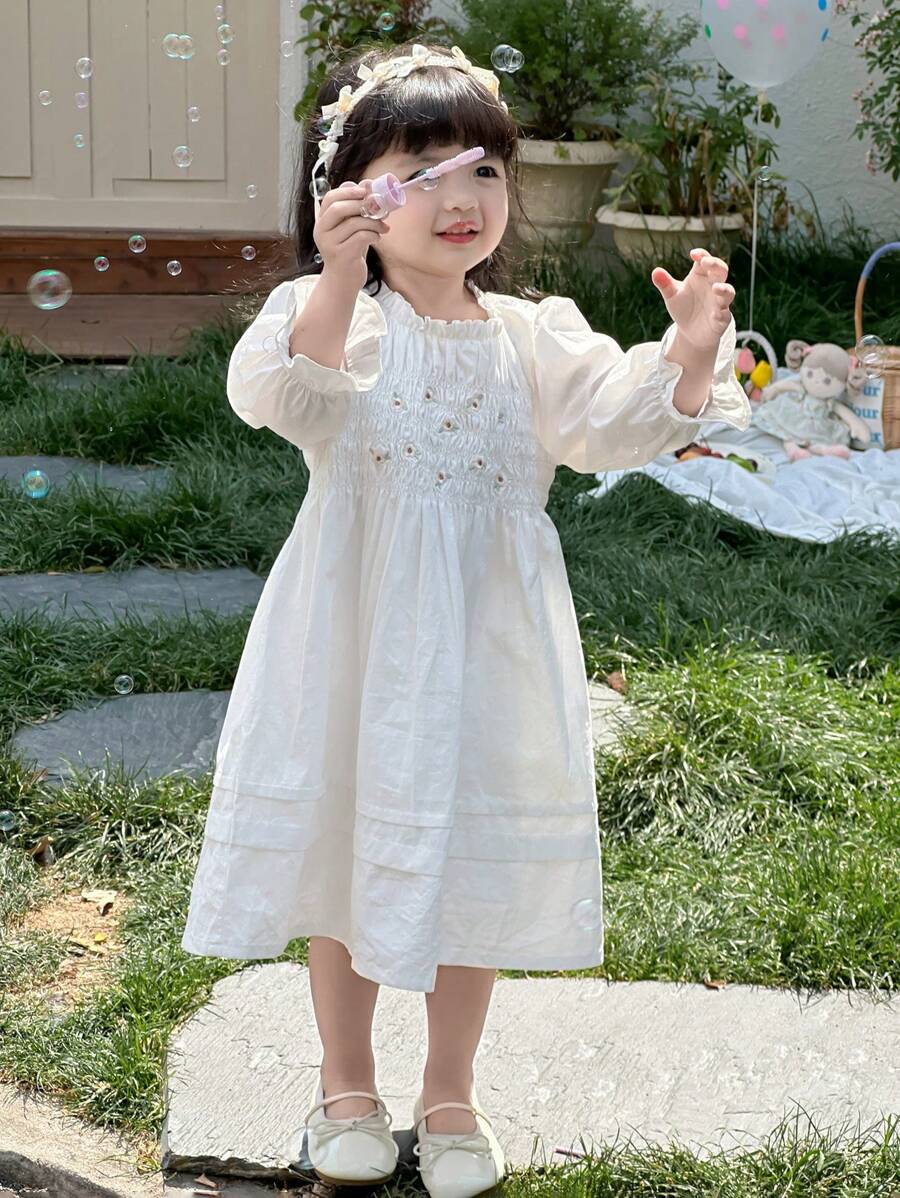 DAZY Baby Girls' Round Neck Embroidery Casual Cute Solid Color Puff Sleeve Dress Fall,Winter Toddler Girls Clothes - White - View 1