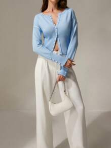 INAWLY Fashion Light Blue Bell Sleeve Cropped Button-Up Cardigan Fall Cloth For Women
