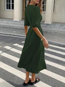 Serisse Đầm dài vừa phải cài nút phía trước màu trơn đơn giản cho nữ, mùa hè - màu xanh lá - Xem 2