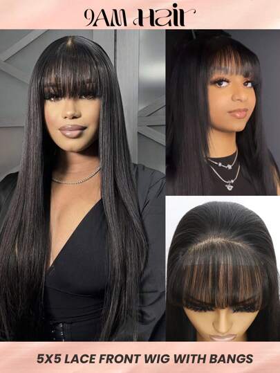 5x5 unsichtbarer Spitzenverschluss Echthaar-Perücken mit Pony, natürliche Haarlinien, vorgefertigter Spitzeneinsatz, Sofort-Perücken gerade Seide, lange natürliche Farbe Perücke für Frauen