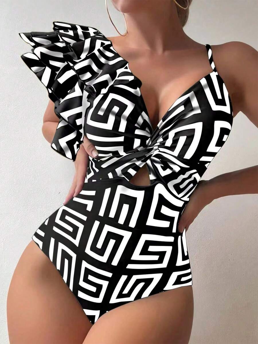 SHEIN Swim Women's Ruffle Sleeve Geometric Print Twist Front One Piece Swimsuit (Random Print) For Summer Beach Vacation