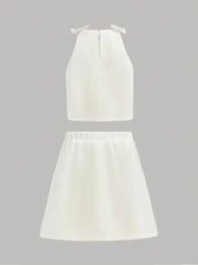 SHEIN Tween Girl Casual Elegant Knitted Solid Color 3D Rose Neck Tank Top & Mini Skirt 2-Piece Set, French Chic Outfit - Apricot - View 15