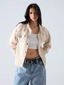 SHEIN EZwear Apricot Flap Pocket Button Front Corduroy Jacket In Fall/Winter - Apricot - View 7