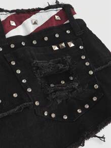 ROMWE Grunge Punk Pantalones cortos vaqueros sexy de cintura súper baja con estampado de bandera de EE.UU. del Día de la Independencia y remaches de estilo punk para mujeres - Negro - Ver 3