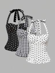 ROMWE Avant Romantiskt semesterinspirerat linne med prickig och rutigt rygglöst halsringning för kvinnor