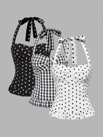 ROMWE Avant Women's Romantic Vacation Style Polka Dot & Plaid Backless Halter Neck Tank Top Sets