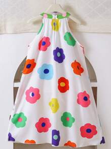 Tween Girls Tropical Floral Print Halter Neck Loose Midi Dress, Casual Style Suitable For Vacation, Travel, School And Summer Beach - Multicolor - View 2