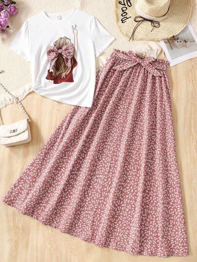 SHEIN 2pcs/Set Teen Girl White Knitted Graphic Tee Shirt & Ditsy Floral Skirt, Suitable For Vacation, Casual, Holiday, Lunch, Music Festival, Outdoor Wear