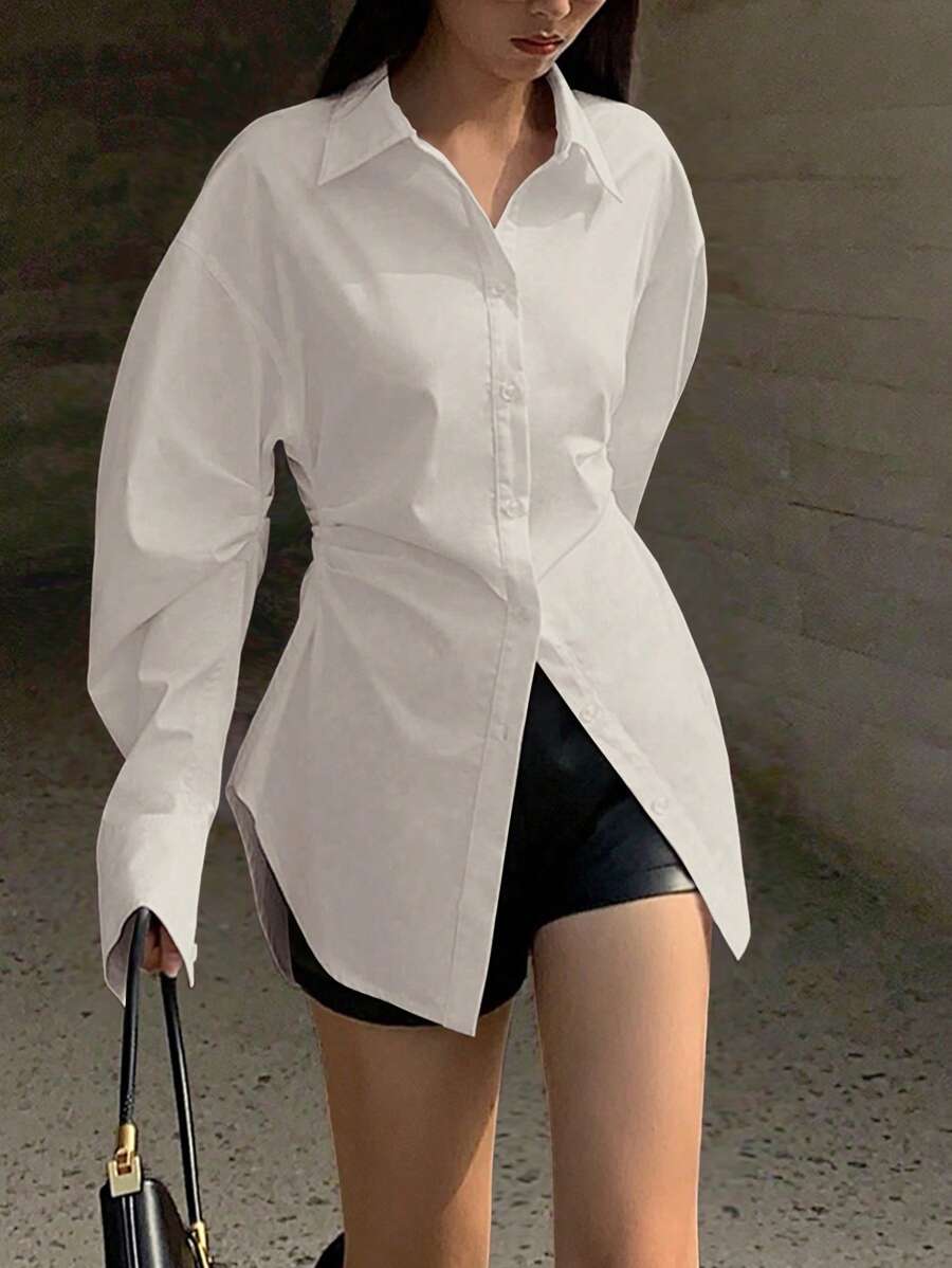 Chiquease 女士纯色简约优雅休闲长袖衬衫 - 淺灰色 - 查看 1