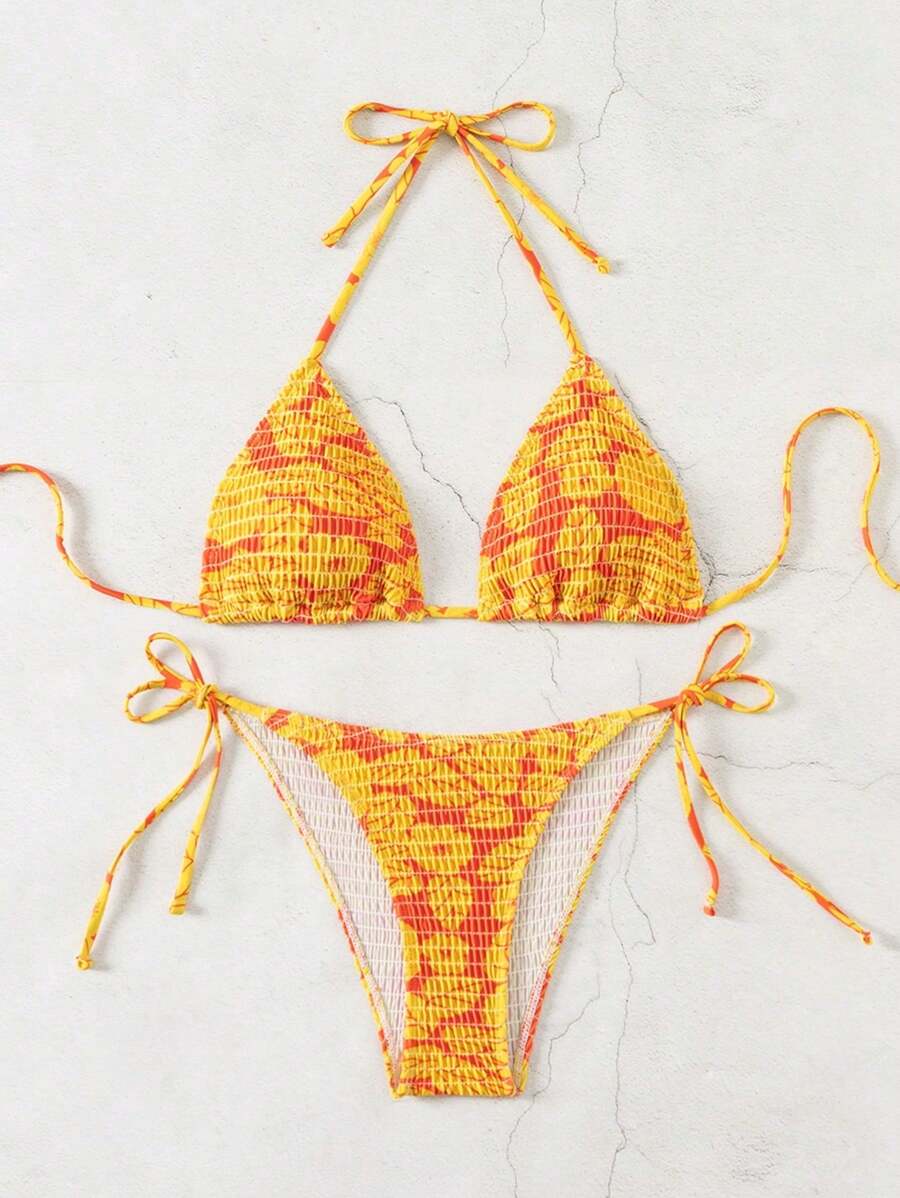 SHEIN Swim Women's Summer Beach Pattern Halter Neck Tie Side Sexy Bikini Set, Random Printed, Triangle Cup & Thong - Multicolor - View 1