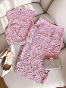 SHEIN Tall Plus Size Summer Elegant Solid Color Lace Camisole And Skirt 2 Pieces Set - Baby Pink - View 2