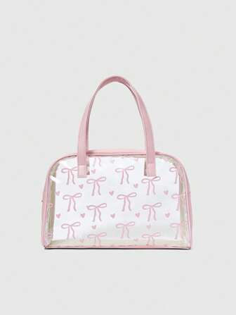 Kawaii 1 pièce Sac de rangement transparent pour cosmétiques avec imprimé papillon rose, grande capacité, sac de maquillage portable, convient pour les voyages, la plage, les stations balnéaires