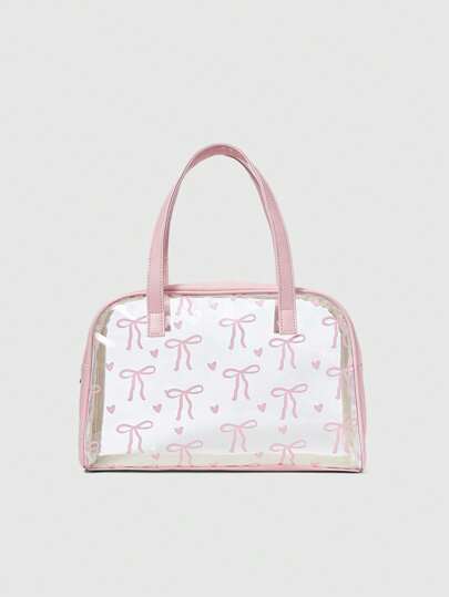 Kawaii 1 pieza Bolso organizador de cosméticos transparente con estampado de mariposa rosa, bolsa de almacenamiento de maquillaje portátil de gran capacidad, adecuado para viajes, playa, resort