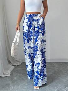 Elenzga Calça Reta Larga Casual Solta e Elegante Feminina, Cintura Elástica com Estampa Multicolorida, Verão - Multicolorido - Visão 3