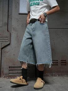 Manfinity EMRG 大码男士休闲水洗牛仔磨边短裤