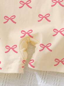 SHEIN 女婴可爱甜美粉色蝴蝶结印花米色休闲背带连体衣，适合春夏季 - 彩色 - 查看 5