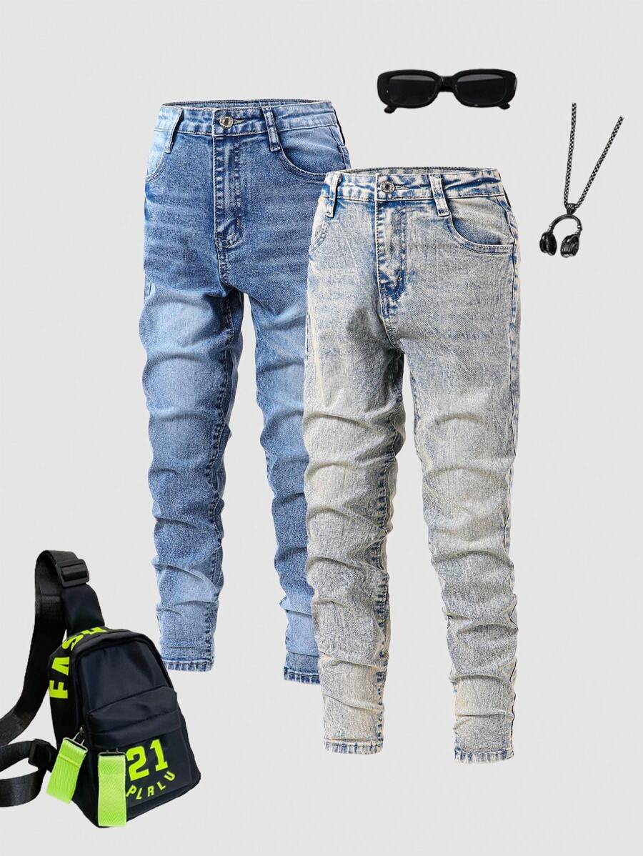 2pcs/Set Tween BoyCasual Urban All-Match Versatile Denim Long Pants - Multicolor - View 1