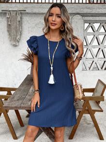 EMERY ROSE Vestido mini recto y suelto para mujer con cuello redondo y mangas cortas de unicolor - Azul - Ver 7