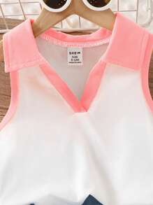 SHEIN Top de punto sin mangas con cuello polo de colorblock y pantalones cortos de mezclilla lavada bordada para bebés niñas - Rosa - Ver 3