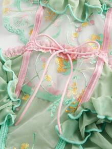 ROMWE Kawaii Body sexy con bordados florales, volantes y lazo hecho a mano con aros para mujer, ideal para un resort romántico