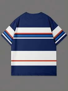 Manfinity Homme Men's Summer Letter Striped Crew Neck Short Sleeve Casual T-Shirt - Navy Blue - View 2