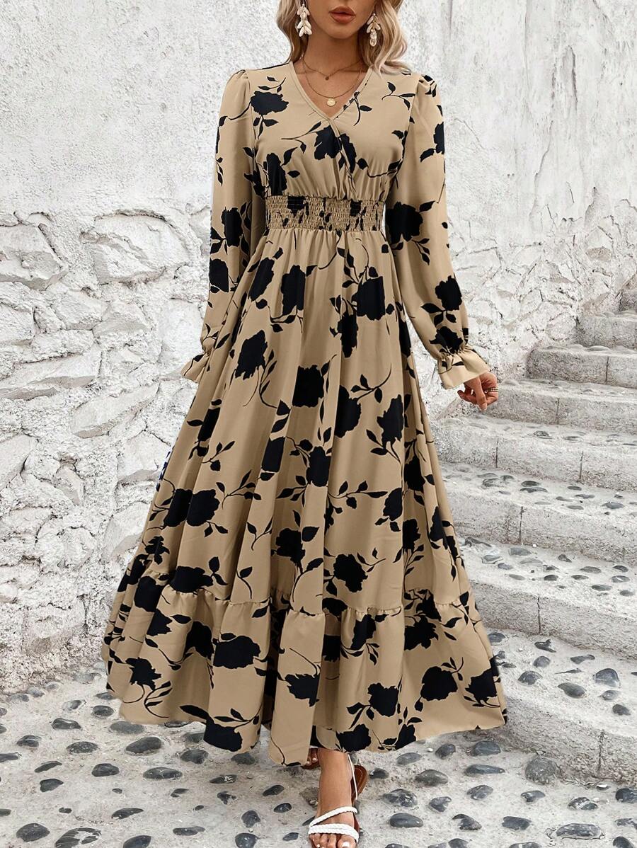 EMERY ROSE Ditsy Floral Print Flounce Sleeve Ruffle Hem Dress Maxi Women Outfit Fall Cloth For Women - Multicolor - View 1