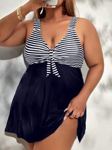 Swim Lushoire Plus Size Vacation Beach Striped Splice Swimsuit Skirt,Summer Outfits For Women,Bathing Suit - Navy Blue - View 1