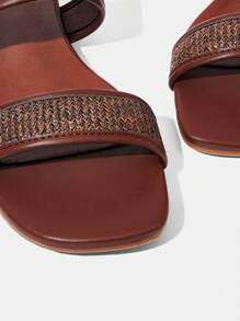 Styleloop Women's Beige Linen Flower Decor Square Toe Flat Sandals, Fashion Holiday Style - Brown - View 3