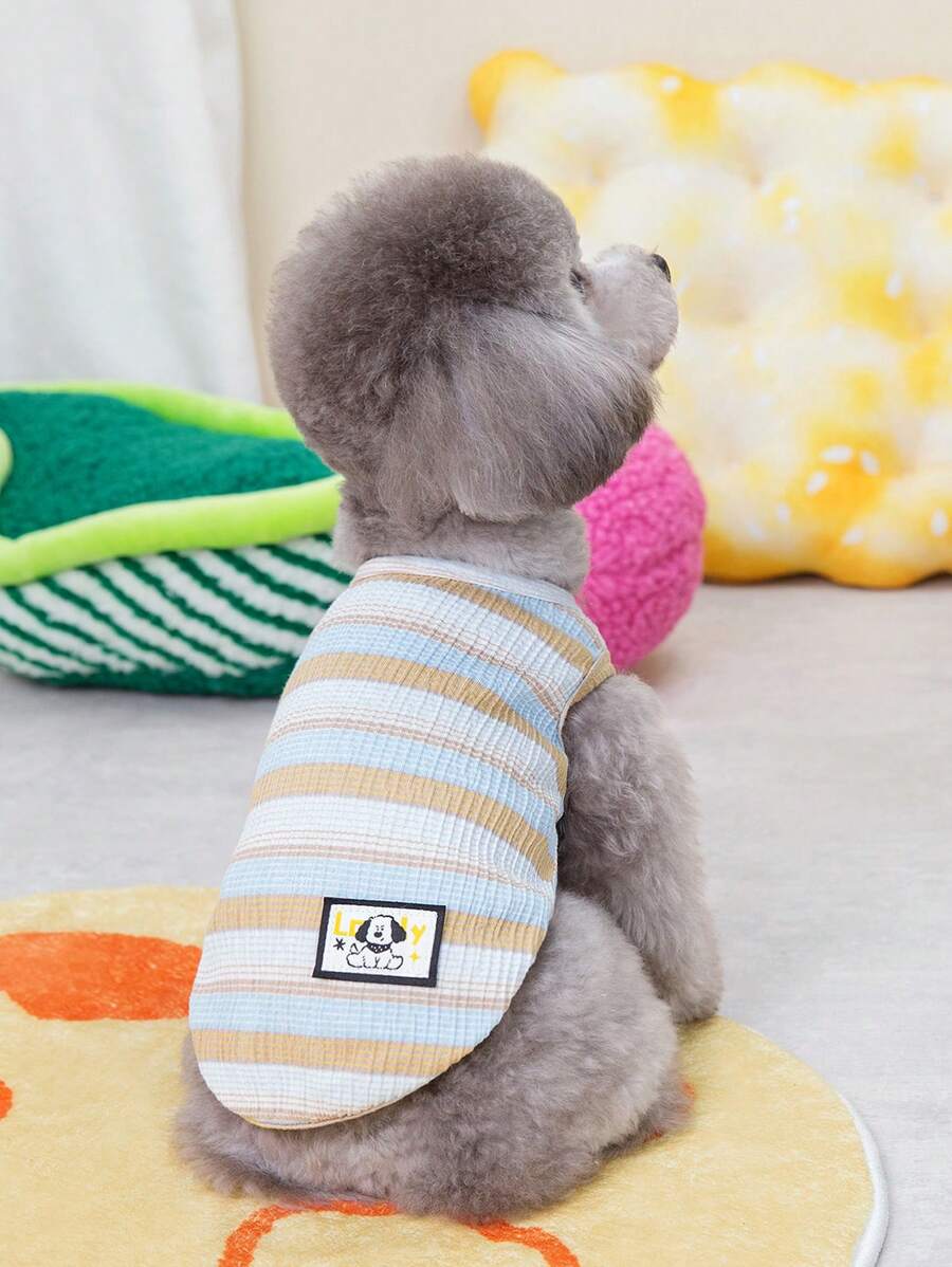 PETSIN 可爱简约休闲家居风格“LUCKY”和狗狗印花柔软面料，轻盈透气无袖宠物背心适合户外、夏季，欧美时尚猫狗适用 - 藍色 - 查看 1