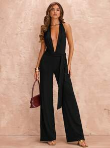 SHEIN BAE 夏季海滩度假紧身性感深 V 结假日连体裤，适合日常约会、夜间外出、夜总会、派对、聚会、鸡尾酒会、泳池派对、返校季服装、学校季节、假日服装、音乐节服装、乡村音乐节服装、音乐会服装