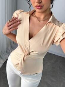 Elenzga Women's Solid Color Cap Sleeve Waist Twist Design V-Neck Blouse - Apricot - View 3