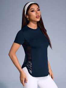 SHEIN Sports 女士瑜伽侧片简约短袖T恤健身衫 - 藏蓝色 - 查看 5