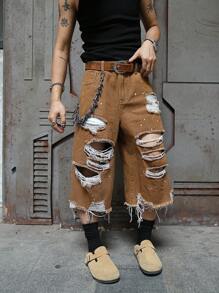 PAVTROS 大码男士做旧阔腿牛仔短裤 - 咖啡棕 - 查看 8