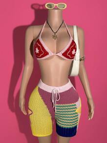 Slaydiva Pantalon court à jambes larges en laine contrastée avec décoration d'étoiles vintage, pour une tenue d'été 2025 casual, de rue et de rendez-vous. Pantalon femme