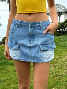 SHEIN EZwear Gonna casual di jeans a-line con tasche utility, versatile, da donna - Blu - Visualizzare 1