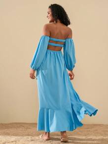 Travachic 女士度假纯色露肩灯笼袖侧开衩下摆性感连衣裙