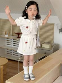 DAZY 2pcs/Set Young Girls Summer Cartoon Embroidered Puff Sleeve T-Shirt And Skirt - White - View 1