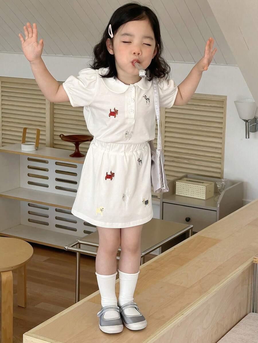 DAZY 2pcs/Set Young Girls Summer Cartoon Embroidered Puff Sleeve T-Shirt And Skirt - White - View 1