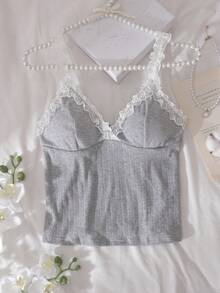 Fashionable Casual Basic Camisole Vest For Teenage Girl, Undershirt Lace Camisole Grey Cami Ribbed Tank Top Camisole Top Cute Lingerie Lace Trim Cami Ribbed Bralette Sleeveless Lingerie Top Bralette Top - Light Grey - View 1
