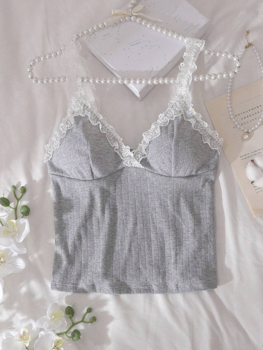 Fashionable Casual Basic Camisole Vest For Teenage Girl, Undershirt Lace Camisole Grey Cami Ribbed Tank Top Camisole Top Cute Lingerie Lace Trim Cami Ribbed Bralette Sleeveless Lingerie Top Bralette Top - Light Grey - View 1