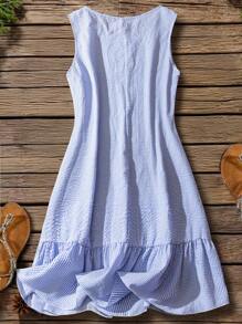 SHEIN LUNE 大码无袖圆领休闲连衣裙，适合夏季 - 藍白色 - 查看 2
