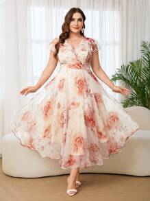 Reflora 大码女式优雅花卉印花连衣裙，夏季婚礼宾客长裙 - 彩色 - 查看 8