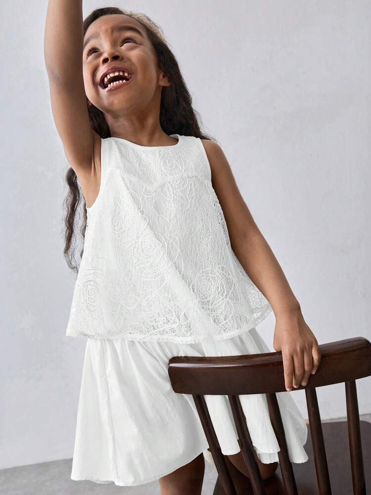 Vestido Casual Solto com Renda em Contraste e Sem Mangas para Meninas Jovens