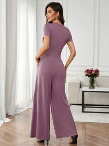 SHEIN Clasi Bộ đồ liền quần ống rộng màu trơn thanh lịch mùa hè cho nữ - Bụi tím - Xem 2